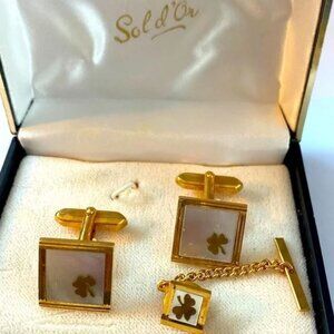 Vintage sol d’or shamrock set of vintage cuff links and tie tack